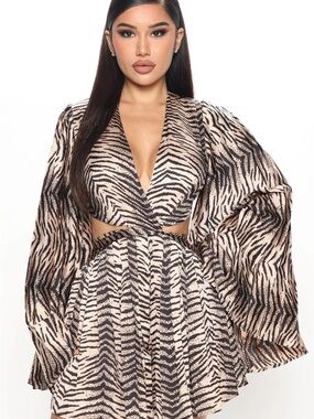 AKIRA Zebra-Print Cutout Jumpsuit in Beige and Black
